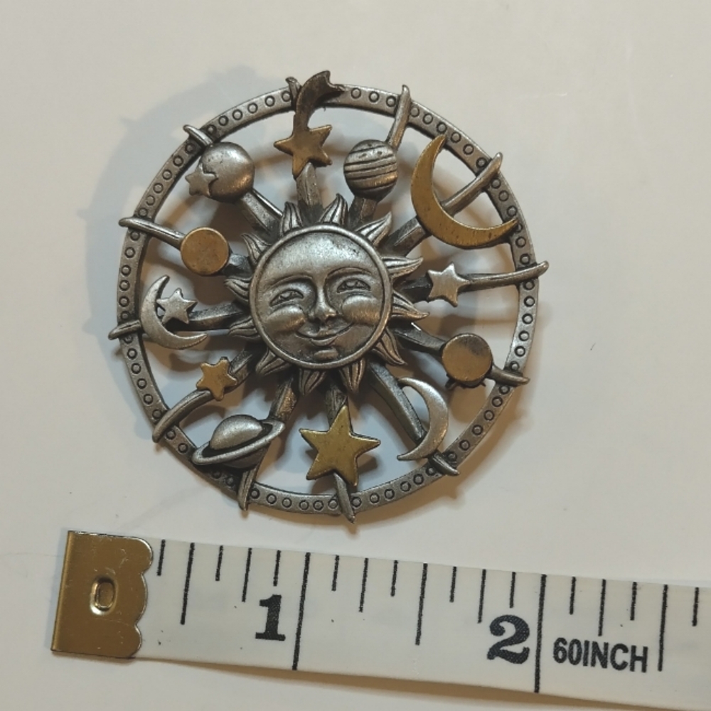 Vintage JJ Jonette Signed Pewter Celestial Sun Moon Star Planet Brooch Pin - Picture 4 of 5